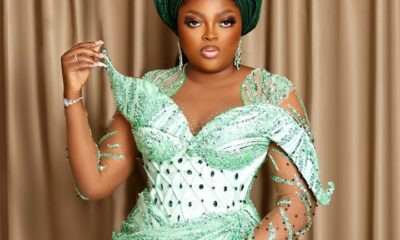 Funke Akindele in a sea Green Asoebi look