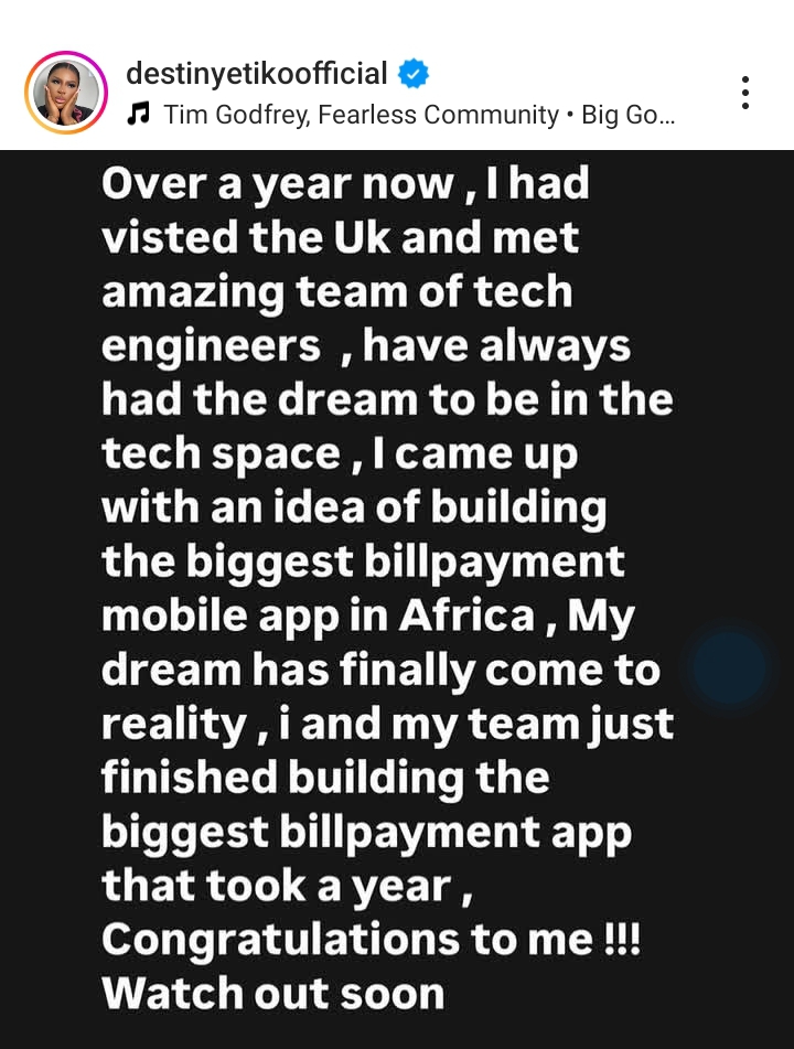 Screenshot of Destiny Etiko's announcement of her set-to-be launched bill payment app 