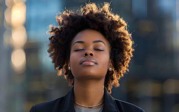 A black lady taking in a deep breath to ease of stress