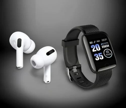 A black smart watch and white wireless earbuds.