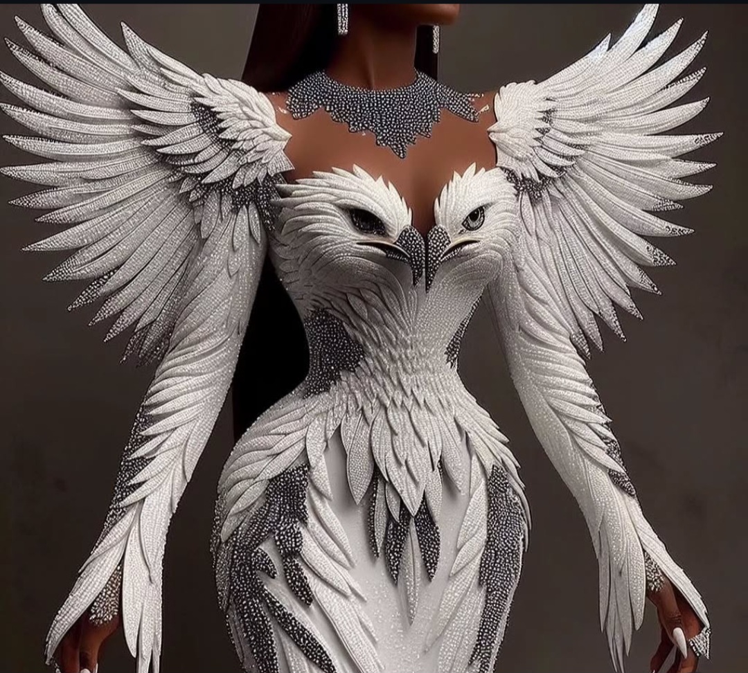 white eagle-inspired dress designed by Tiannah’s Place Empire for influencer Kentazz1