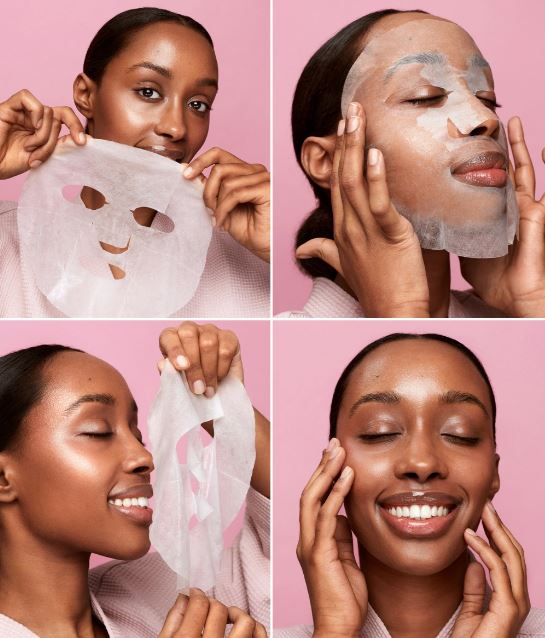 This picture shows the process of applying face sheets and the after glow when removed 