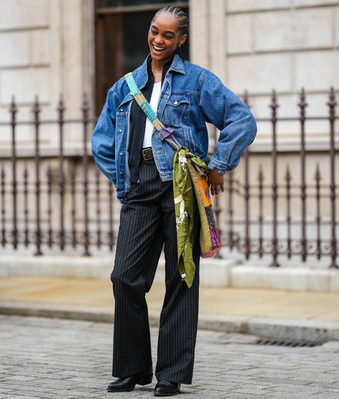 Blue denim jacket paired with a straight leg pants